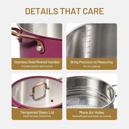 8QT Full Clad Tri Ply Stainless Steel Stock Pot with Lid, Kitchen Stockpot Soup Pot, Outer Ceramic Layer, Even Heating, All Stoves Compatible, Oven & Dishwasher Safe, Stay Cool Handle, Purple4