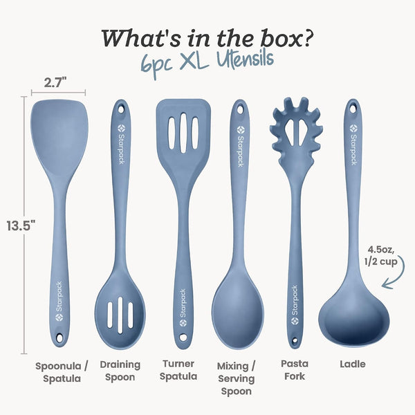 Starpack like a Boss XL Silicone Cooking Utensils Set (6-Piece, 13.5") - LFGB Certified, 600°F Heat Resistant, Bpa-Free - Heavy-Duty Steel Core, Dishwasher Safe - for Nonstick Cookware, Light Blue2