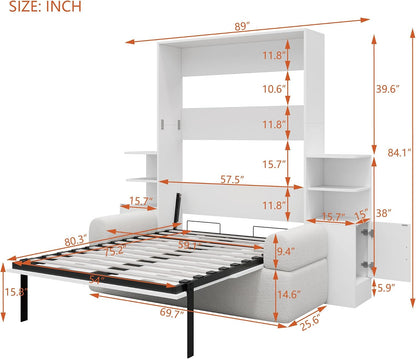 Wall Murphy Bed with Sofa and Storage Cabinets, Space-Saving Wall Bed for Home Office & Guest Room, Full Size, White2