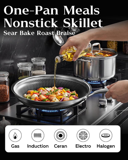 Nonstick Frying Pan Set, 8+10+12 Inch, Honeycomb Stainless Steel Skillet Pans Set, Pfoa-Free Scratch-Proof, Dishwasher & Oven Safe, Compatible with All Cooktops3