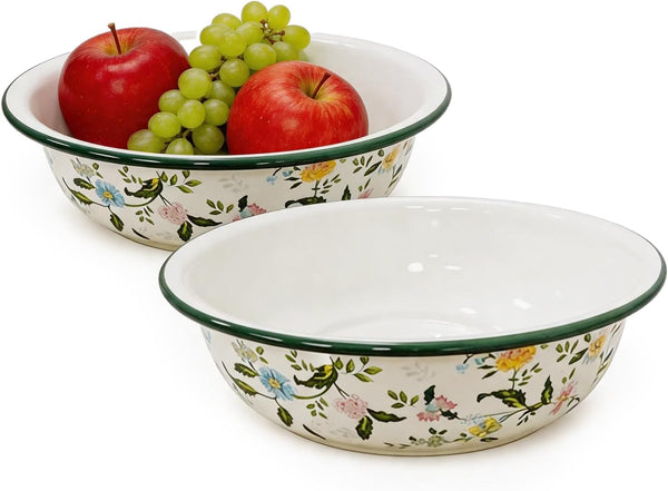 2 Pack Large Enamel Mixing Bowls, 11.8 Inch Vintage Floral Mixing Bowls, Multi-Purpose Enamelware Bowl for Kitchen, Camping and Farmhouse Decor1