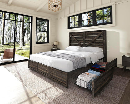 King Size Farmhouse Storage Bed Frame with Headboard & 4 Drawers5
