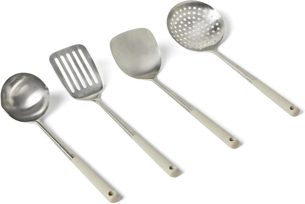 Stainless Steel Cooking Utensil Set with Ladle, Spatula, Slotted Spatula and Slotted Spoon, 4-Piece Set, Soft Grip Handle, Dishwasher-Safe, Linen Gray1