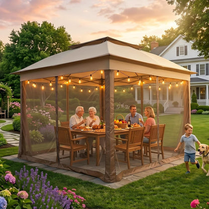 11X11 Pop up Gazebo with Mesh Netting, Instant Outdoor Canopy Tent, Water Resistant Shelter with UPF 50+ UV Protection, 121 Sq Ft Coverage, Beige8