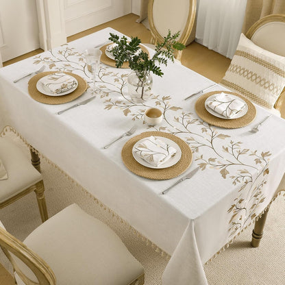 Cotton Linen Rectangle Tablecloth with Tassel for Dining Table, Burlap Heavy Duty Floral Farmhouse Coffee Kitchen Table Cloth Wrinkle Free Table Cover - Golden Flower, 55X79 Inch2