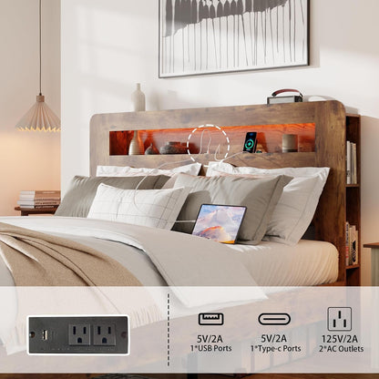 King Bed Frame Wood Platform with Storage Headboard LED USB No Box Spring9