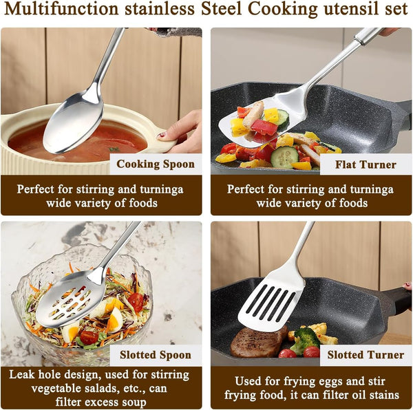 Kitchen Utensils Set 4Pcs, Stainless Steel Cooking Utensils Set, Kitchen Tools Spatulas Set, Cooking Spoons, Home Essentials Kitchen Gadgets Accessories5