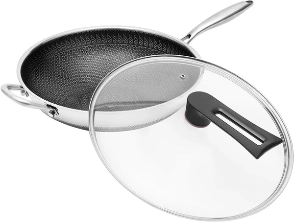 13.4" Stainless Steel Wok Honeycomb Cooking Wok with Spatula Nonstick Wok with Lid Skillet with Handle Flat Bottom Stir-Fry Pan for Electric Induction Gas Stoves1