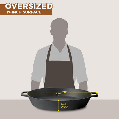 Pre-Seasoned Large Cast Iron Skillet 17 Inch, Dual Handle Outdoor Camping Frying Pan, Pizza Pan, Use for Grill, Stovetop, Induction, Oven Safe Cookware9
