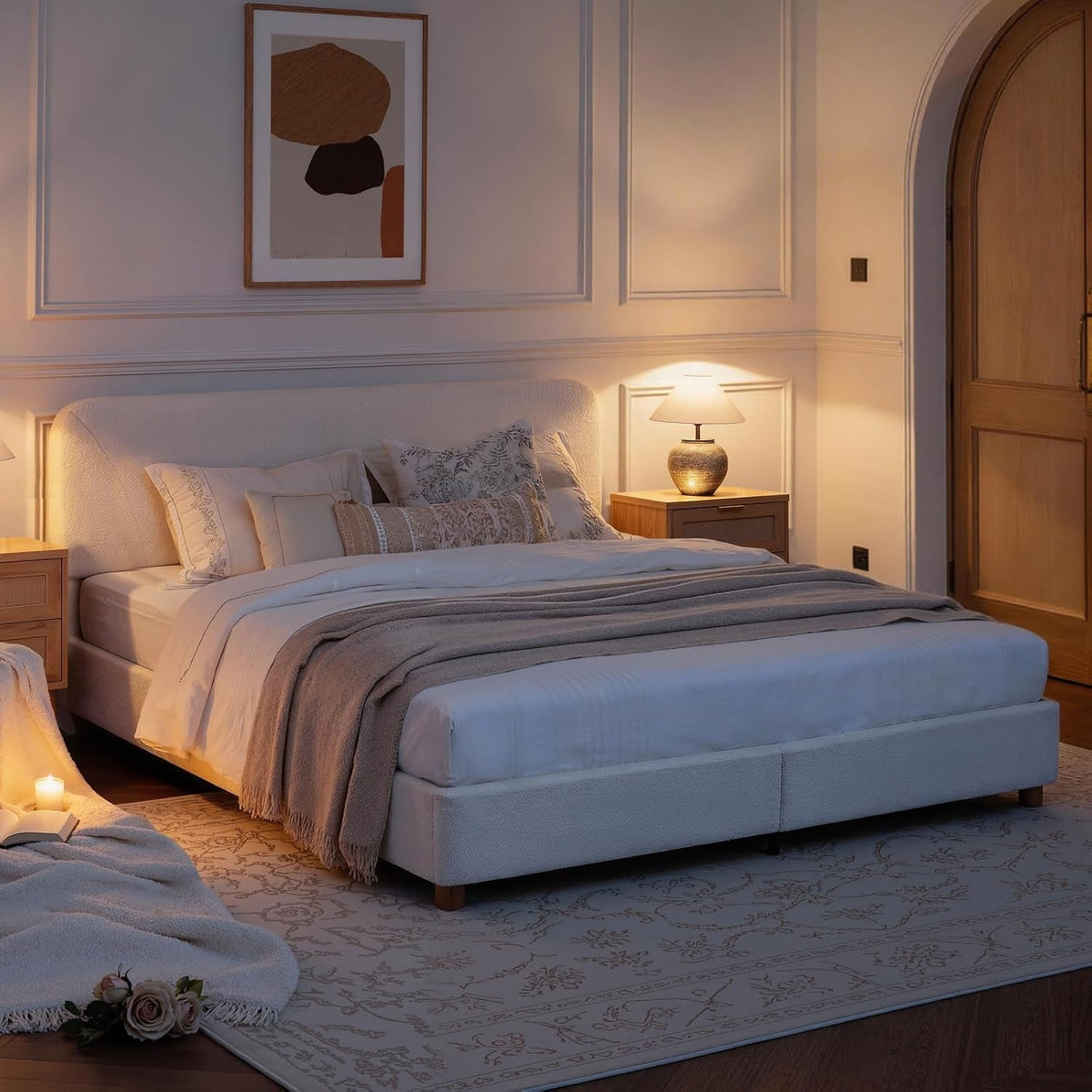 king-size-cloud-bed-frame-boucle-wood-upholstered-platform-bed-cream