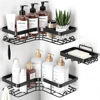 Corner Shower Caddy, Large, 3-Pack, Soap Holder & Hooks, Black1