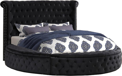 Velvet Tufted Platform Storage Bed, Circle Bed with Button Tufting, Storage Compartments in Rails and Footboard (Black, Eastern King)1