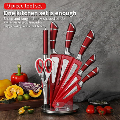 9 Pcs Wine Red Sharp Stainless Steel Kitchen Knife Set with Block for Gift | Non Stick,Chef Knife with Sharpener,Ergonomic Handle,Acrylic Holder,Gift Ready Cutlery Set for Women,Easy Care8
