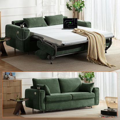 Pull Out Sofa Bed, No Cushion Removal, Queen Sleeper Sofa with USB Fast Charging, Memory Form Mattress, 2-In-1 Convertible Comfy Loveseat Couch Bed for RV, Apartment, and Small Spaces (Green)1