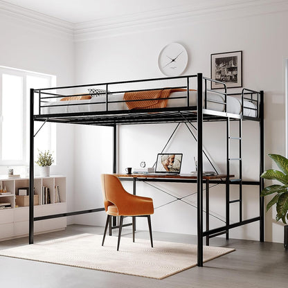 Queen Loft Bed with Flat Rungs for Adults, Kids and Young Teens, No Box Spring Required,Heavy Duty Metal Slat Support, Black3