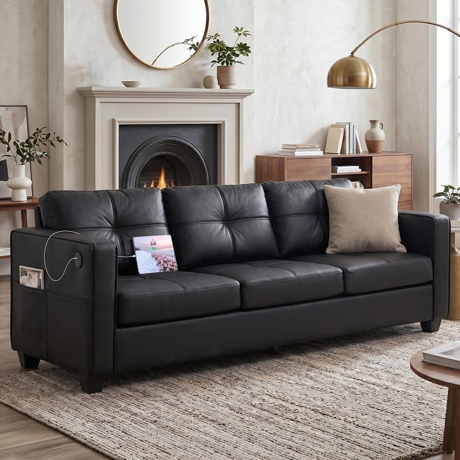 88-black-faux-leather-couch-with-usb-3-seater