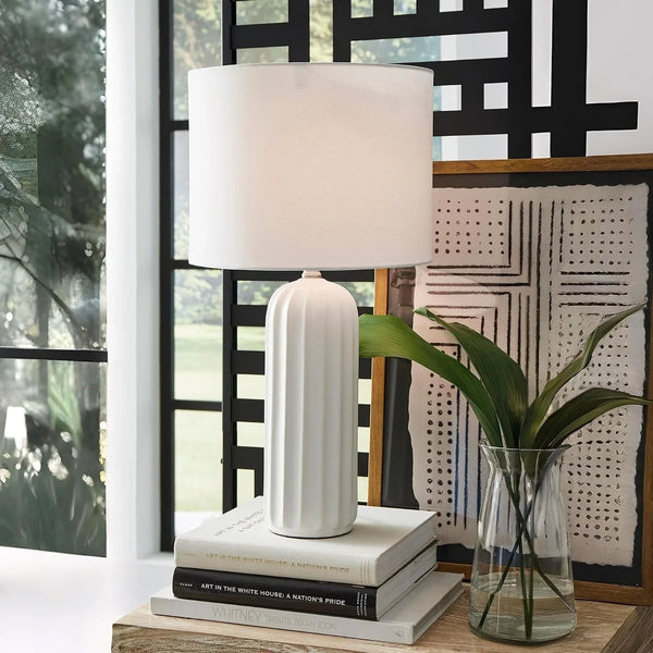 Signature Design by Ashley Clarkland Table Lamps Set of 2, White Ceramic | Premium Hardback Drum Shades, 100W Max E26 Sockets, 24-Inch Tall Design Optimized for Nightstands and Living Room Tables2