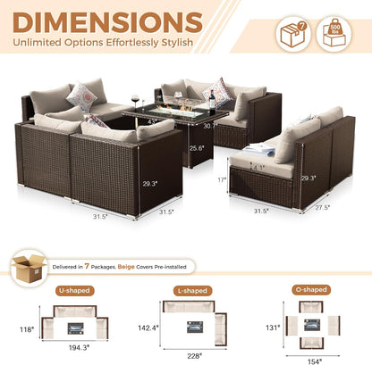 9 Piece Outdoor Patio Set with Fire Pit, Brown & Beige4