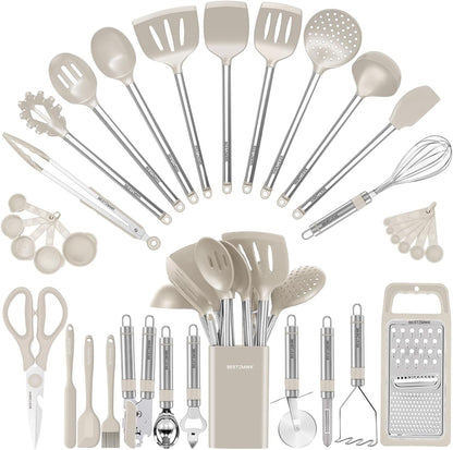 Kitchen Utensil Set-Silicone Cooking Utensils-33 Kitchen Gadgets & Spoons for Nonstick Cookware-Silicone and Stainless Steel Spatula Set-Best Kitchen Tools, Useful Pots (Khaki)1