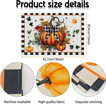 Fall Table Runner,12X18In Linen Pumpkins Leaves Placemats Set of 42