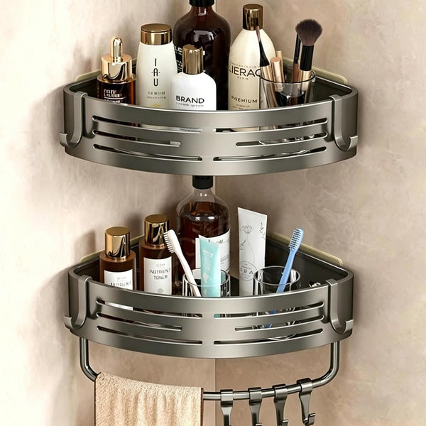 Corner Shower Caddy, 2 Pack Aluminum Alloy Shower Shelves with Adhesive Stickers, No Drilling, Removable Organizer with Towel Bar & Hooks1