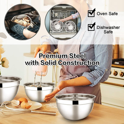 Stainless Steel Mixing Bowls with Airtight Lids, 7-Piece Metal Nesting Bowls with Black Lids for Saving Storage Space, Size 7, 4.6, 3, 2, 1.5, 1, 0.7QT, Great for Baking/Cooking/Prepping4