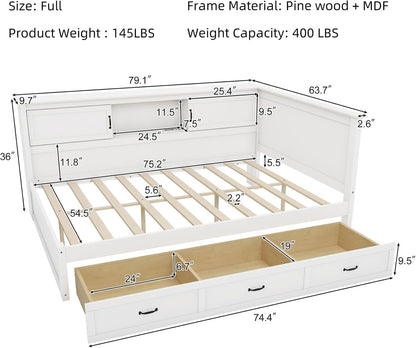 Full Size Corner Bed Frames with Storage Drawers, Bookcase, Charging Station, Led Downlight, Wooden L-Shaped Captain Daybed Platform for Small Room, Bedroom, Guest Room, Kids'Room, White2