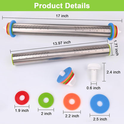 Adjustable Rolling Pin with Thickness Rings for Baking, Stainless Steel Designs Dough Roller Pins for Cookie Decorating Baking Supplies Fondant Cake Baker2
