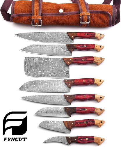 129-8 Stainless Steel Damascus Knife Set 8 Pcs, Kitchen Knife Set with Leather Roll Case Bag High Carbon Ultra Sharp Knife for Kitchen, Professional Chef Knife Set with Bag 129 (8)5