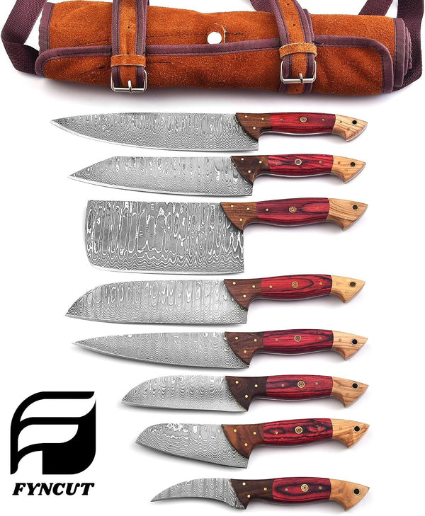 129-8 Stainless Steel Damascus Knife Set 8 Pcs, Kitchen Knife Set with Leather Roll Case Bag High Carbon Ultra Sharp Knife for Kitchen, Professional Chef Knife Set with Bag 129 (8)5