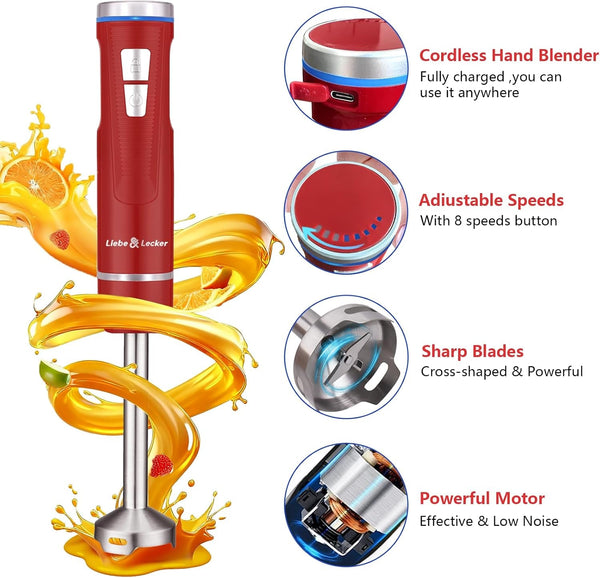 Cordless Immersion Blender, 3-In-1 Handheld Stick Blender | Rechargeable Electric Mixer Set with Whisk & Milk Frother, 8-Speed Hand Blender for Shakes, Soups, Coffee, Zero BPA (Red)5