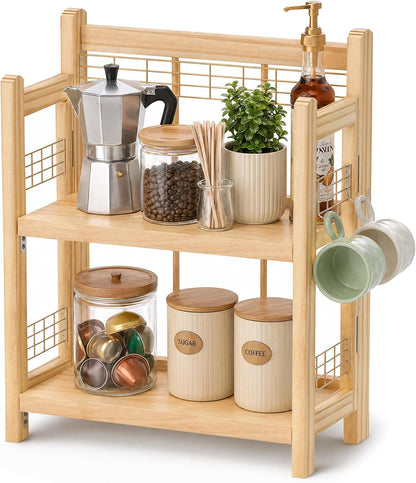 No-Assembly Coffee Bar Organizer, 2-Tier Coffee Station Shelf | Foldable Oak Wood Shelf, Coffee Station Accessories Storage for Syrup & Pod, 3 Hooks for Mugs, Kitchen Condiment Rack Natural1