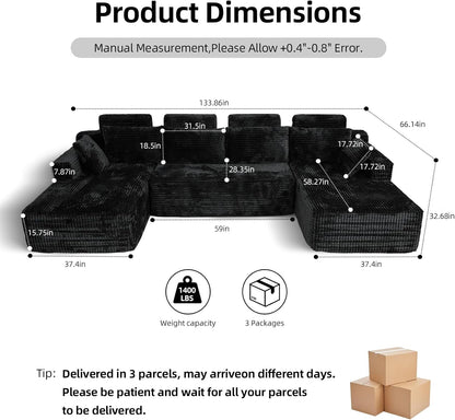 134" Boneless Couch for Living Room, Oversized U Shaped Modular Cloud Sofa with Deep Seat, 6 Seater Convertible Memory Foam Couches, No Assembly Plush Corduroy Sofa (Black)2