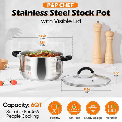 6 Quart Stainless Steel Stock Pot, Cooking Pot with Visible Lid | for Soup Pasta, Tri-Ply Bottom & Dual Heatproof Handles, for Induction Gas All Stoves, Non-Toxic & Dishwasher Safe2