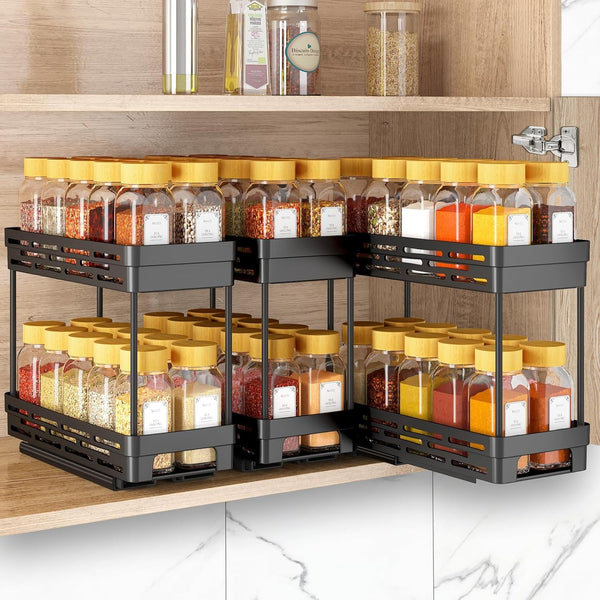 Pull Out Spice Rack Organizer for Cabinet, 3 Packs Slide Out Spice Racks Organizer, Spice Cabinet Organizers, Cabinet Size Need:12'' Highx11'' Deepx5'' Wide,Each Tier Hold 10 Spice Jar - 2 Tier, Black1