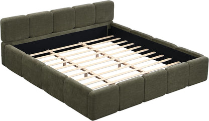California King Boucle Platform Bed with Thick Headboard, Green8