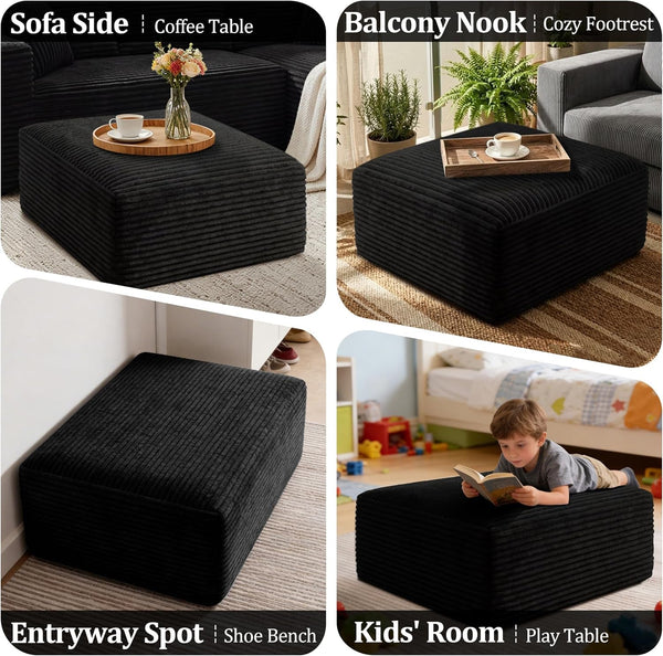Boneless Ottoman, Modern Corduroy Cloud Foot Rest Foam Support, Oversized Modular Sectional Sofa Stool for Living Room, Bedroom & Small Spaces, No Assembly Required (Black, Ottoman)8