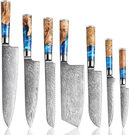 SENKEN 7-Piece Damascus Kitchen Knife Set - Tsunami Collection - 67-Layer Japanese VG10 Steel - Chef'S Knife, Cleaver, Santoku, Bread, Boning, & More1