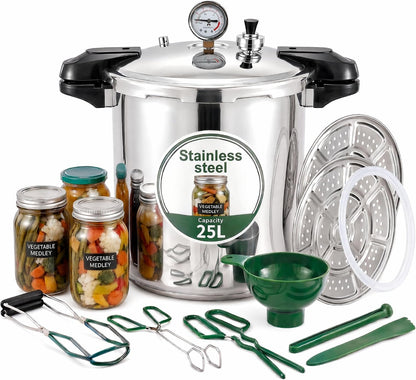 2-In-1 25 Quarts Pressure Canner and Canning Pressure Cooker All Stainless Steel with Gauge 15.9Psi,Practical 6Pc Canning Supplies Starter Set,Induction Cooktops,Pressure Canner for Canning1