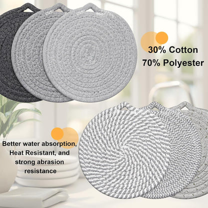 7" Trivets for Hot Dishes, 6 Pack Trivets for Hot Pots and Pans | Cotton Hot Pads for Kitchen Counter and Countertops, Trivets for Quartz Countertops Resist Heat, Scratches & Stains, Gray7