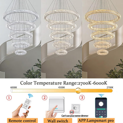 Large LED 5 Ring Chandelier for High Ceiling Modern Long Crystal Chandelier Lighting Ceiling Chandeliers for Staircase Foyer, Black D8''+15.7"+23.6"+31.5"+39.4"8