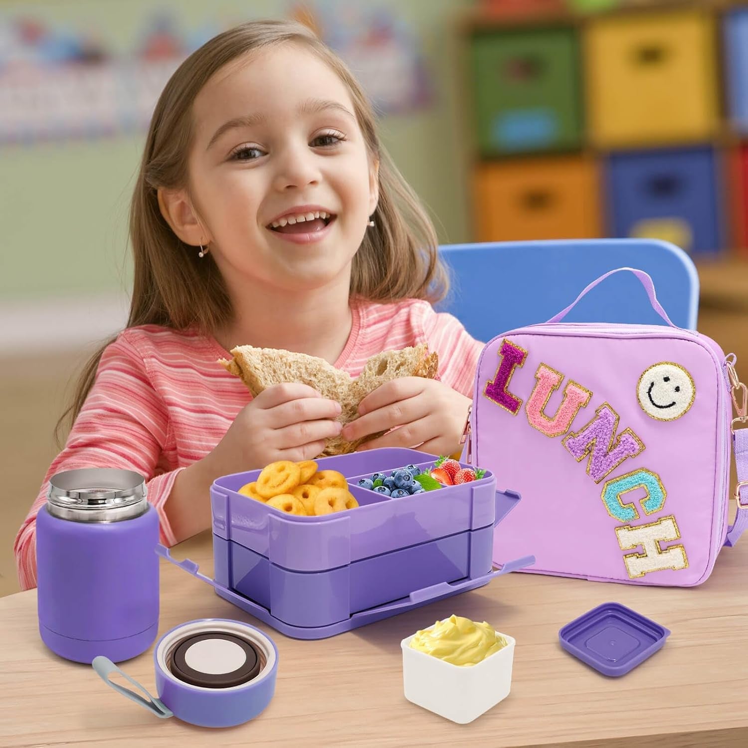 preppy-lunch-box-for-girls-with-10oz-thermo-with-6-compartment-bento-box-purple-nylon-insulated-lunch-bag-adjustable-strap-for-girl-kids-teens-school-travel-picnic