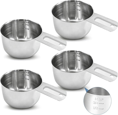 4 Packs 304 Stainless Steel Measuring Cup, 1 Cup Metal Measuring Cups with Handle for Wet and Dry Ingredients - 240 Ml, 240 Cc, 8 Oz1