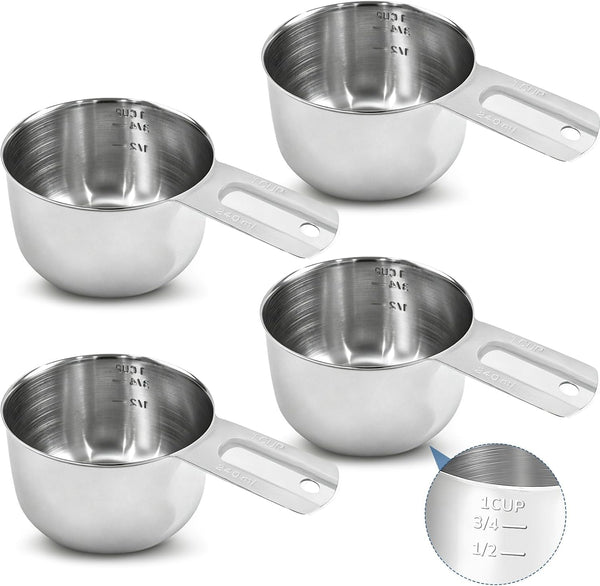 4 Packs 304 Stainless Steel Measuring Cup, 1 Cup Metal Measuring Cups with Handle for Wet and Dry Ingredients - 240 Ml, 240 Cc, 8 Oz1