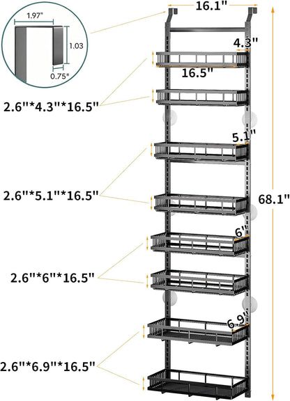 8-Tier over the Door Organizer, Heavy-Duty Metal Hanging Storage Rack with Adjustable Baskets, Door-Mounted Pantry Organizer for Kitchen, Bathroom, Laundry Room, Spices, Snacks & Toiletries2