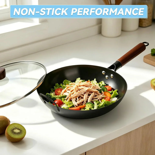 13-Inch Carbon Steel Wok Pan with Glass Lid Pre-Seasoned Flat Bottom Woks & Stir-Fry Pans Nonstick with Wooden and Steel Helper Handle Compatible with Induction, Gas, Electric, Open Fire5