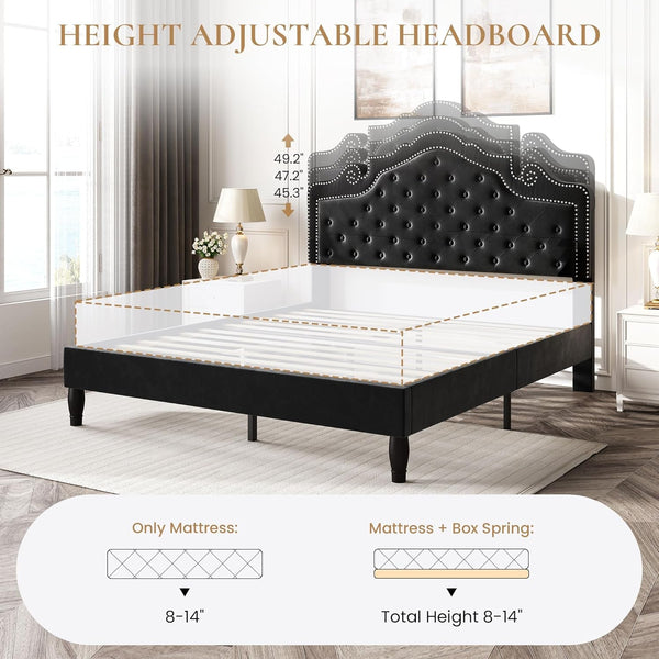 Queen Bed Frame with Adjustable Headboard/Velvet Upholstered/Diamond Button Tufted and Metal Studs/No Box Spring Needed/Wood Slat Support/Easy Assembly/Black8