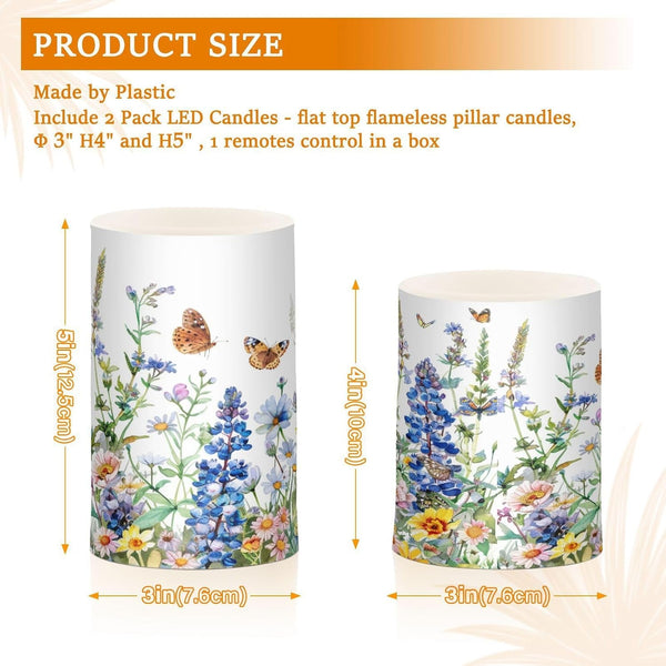 Flower Lights Flameless Candles Watercolor Wildflowers Spring Pillar Candles Set of 2 Battery Operated Remote Control Warm Lights Home Decor3