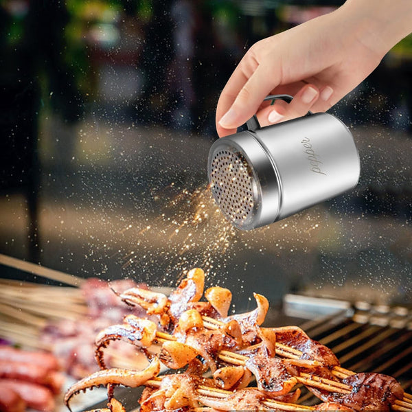 Stainless Steel Salt and Pepper Shakers Set, 10 OZ Seasoning Spice Shaker with Lid and Handle 127 Holes, Metal Dredge Shaker for Powder Sugar Cooking Kitchen Baking (2 Pieces)8
