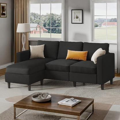 L Shaped Sectional Sofa Couch,Convertible Modular Sofas with Movable Ottoman,3-Seat Upholstered Corduroy Couch,Small Couches for Living Room,Apartment,Office(Black)2